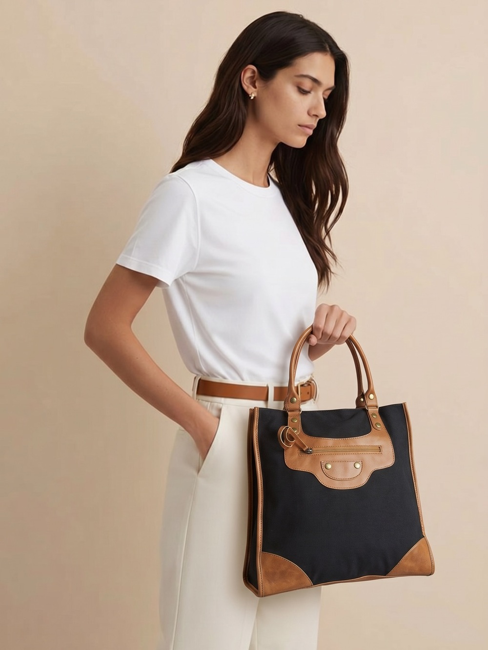 Signature Club A 
Leather Two-Tone Tote Bag - Black/Tan